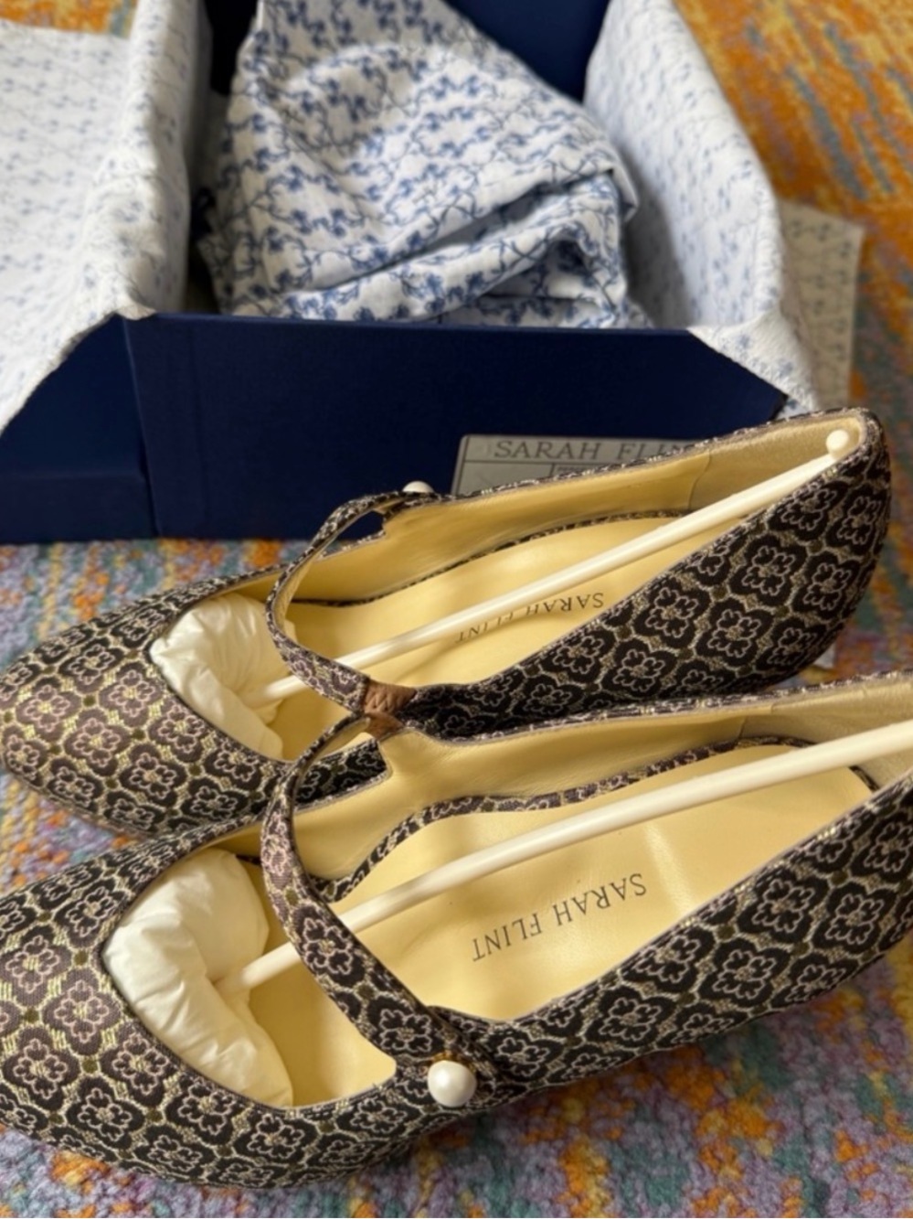 NIB Sarah Flint Plum & Gold Floral Jacquard Mary Jane Pumps - Size IT 39, US 8.5 - Picture 11 of 16